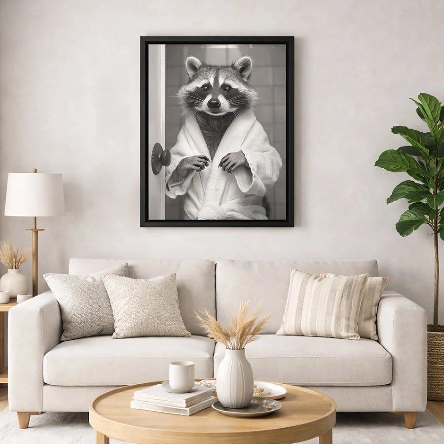 Raccoon in Bathrobe Wall Art | Whimsical Bathroom Animal Portrait | Premium Gallery-Wrapped Canvas | Funny Home Decor Gift for Animal Lovers