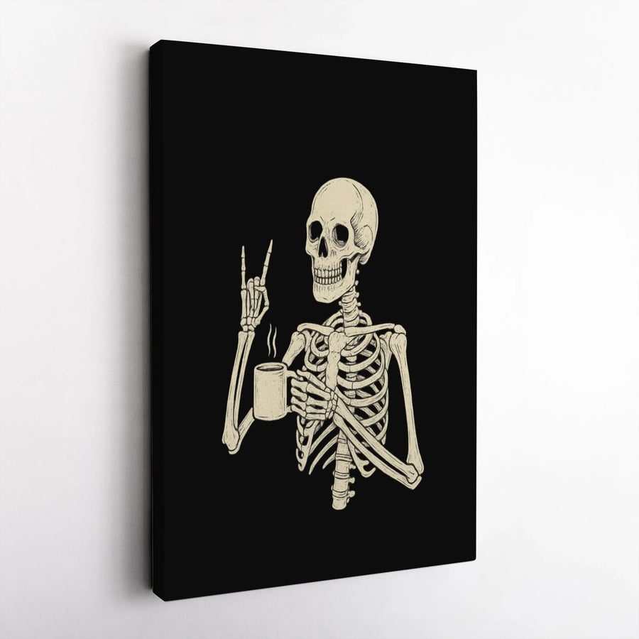 Skeleton Coffee Wall Art | Rock On Hand Sign Graphic | 1.25" Premium Stretched Canvas | Gothic Kitchen Decor Gift for Coffee Lovers