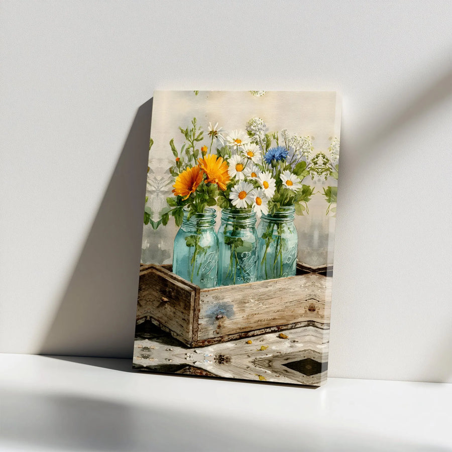 Wildflower Mason Jar Canvas Wall Art | Rustic Farmhouse Kitchen Decor | Premium Stretched Gallery Wrap | Floral Botanical Home Gift Idea