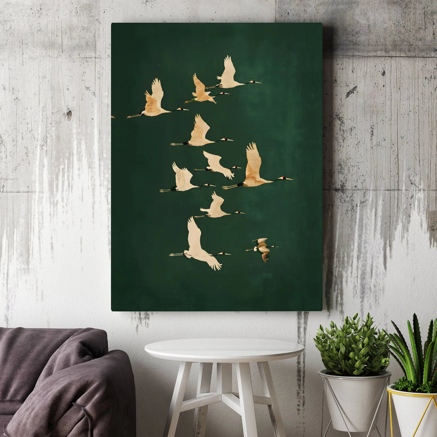Japanese Crane Wall Art | Minimalist Flying Birds On Forest Green | Premium Gallery Wrapped Canvas | Elegant Home Decor Gift