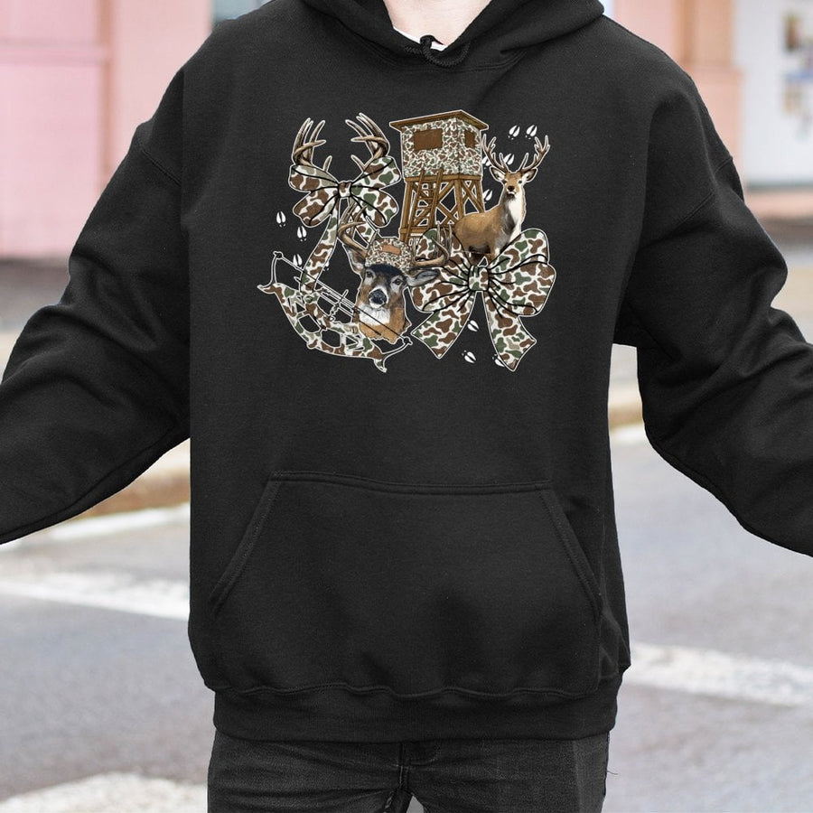 Camo Bow Deer Hunting Hoodie | Preppy Aesthetic Bow Graphic | Soft Cotton-Blend Premium Quality | Gift for Women and Girls Who Hunt