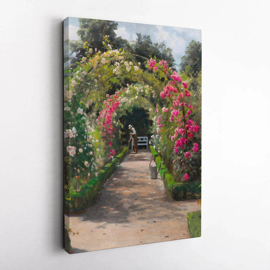 Vintage Garden Vertical Canvas | Impressionist Rose Archway Painting | Premium Frameless Wall Art | Cottagecore Home Decor Gift