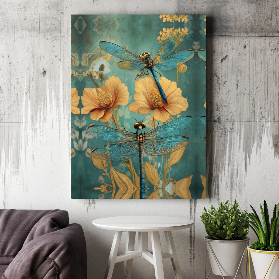 Dragonfly Wall Art Canvas | Vintage Teal and Yellow Floral Print | Gallery Quality Stretched Decor | Nature Inspired Gift for Home