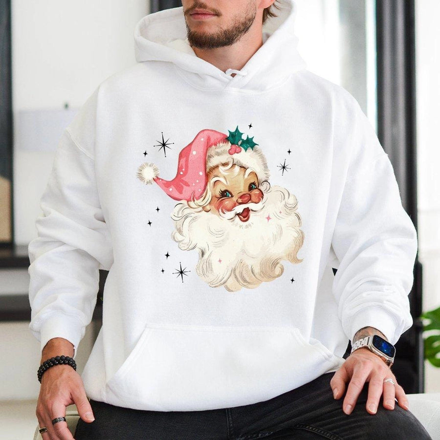 Retro Santa Hoodie | Pink Christmas Hat Vintage Graphic | Premium Cotton Blend | Holiday Gift for Women and Men