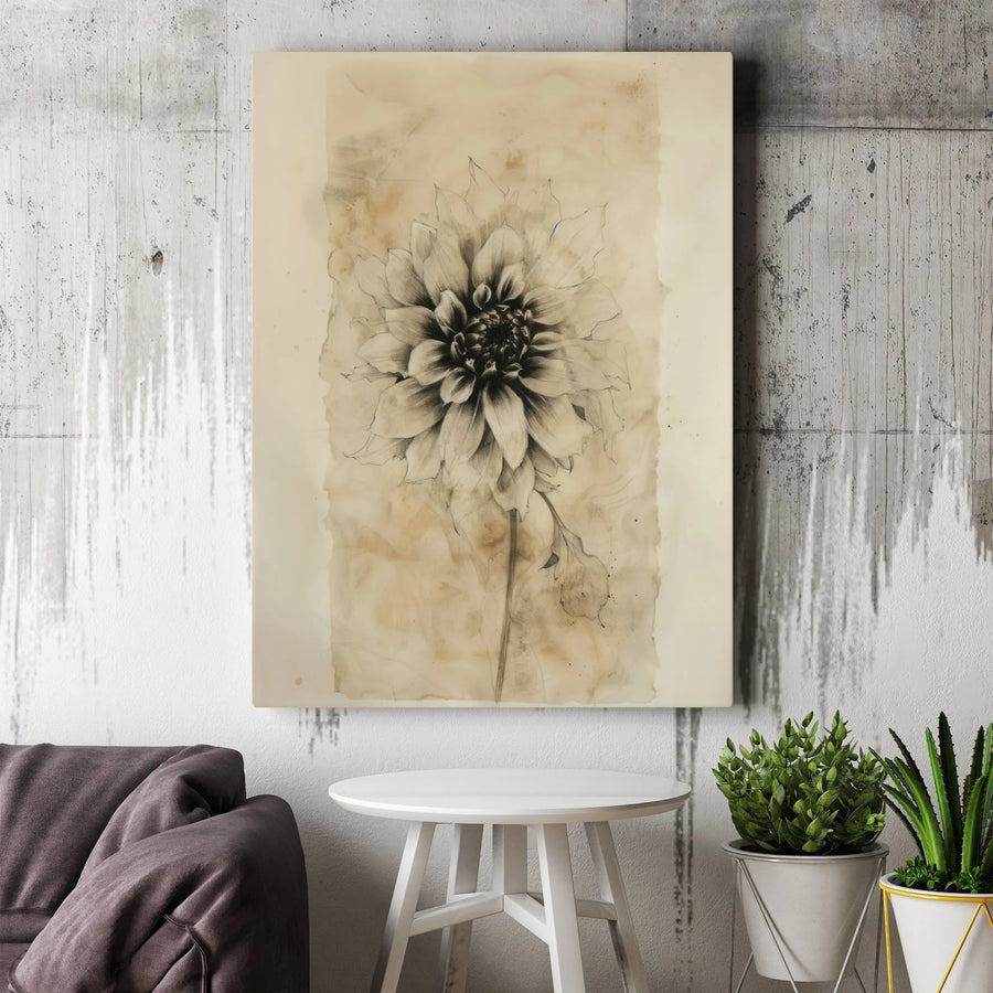 Vintage Dahlia Flower Vertical Canvas | Botanical Sketch on Aged Paper | Premium Frameless Wall Art | Minimalist Farmhouse Decor Gift