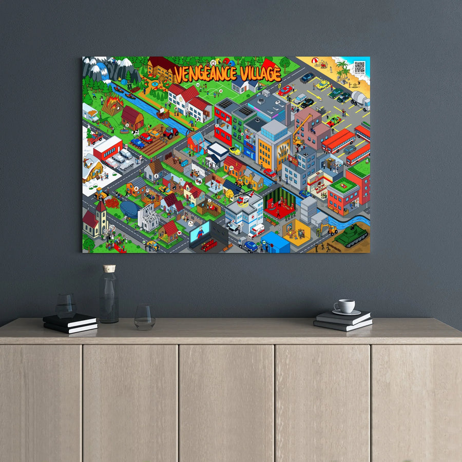 Vengeance Village Isometric Cityscape Art | Detailed Wimmelbild Illustration | Premium Gallery-Wrap Canvas | Unique Home Office Decor Gift