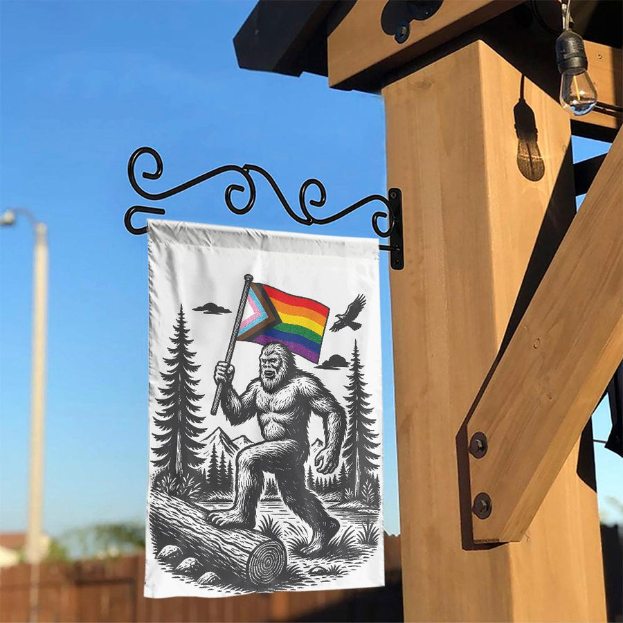 Bigfoot Pride Garden Flag | Progress Rainbow Sasquatch Design | Premium Weather-Resistant Polyester | LGBTQ Outdoor Yard Decor Gift