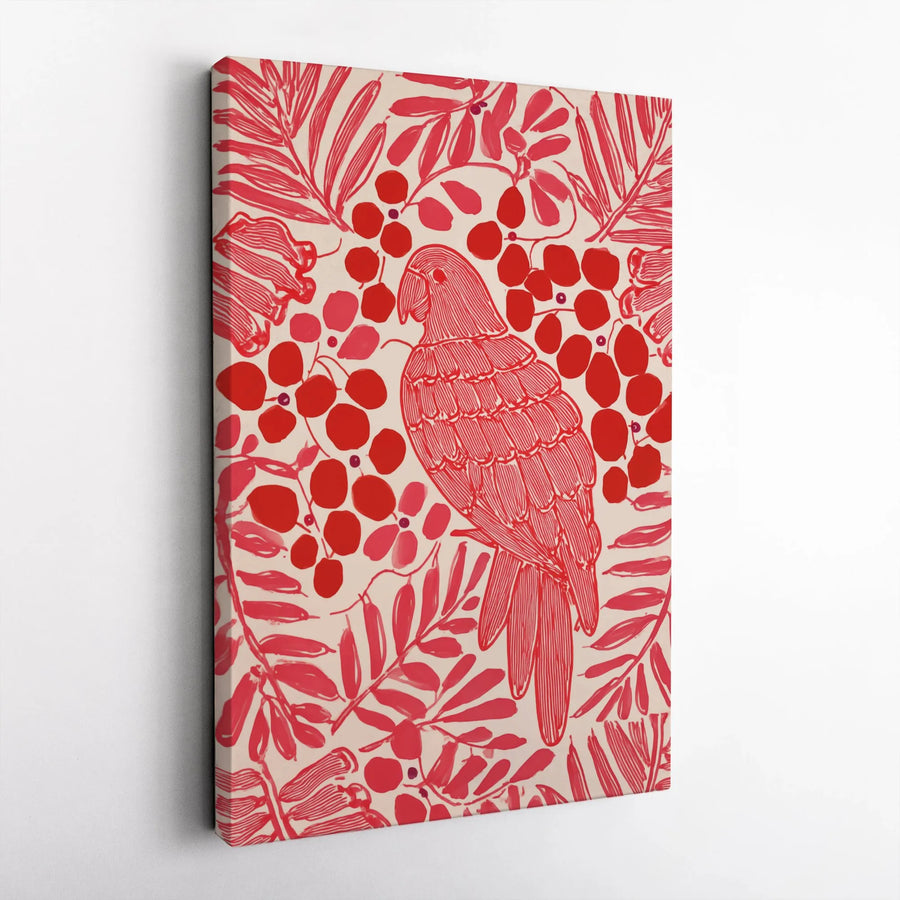 Red Parrot Vertical Canvas | Modern Botanical Illustration | Premium Gallery Wrapped Wall Art | Collector's Gift for Bird Lovers