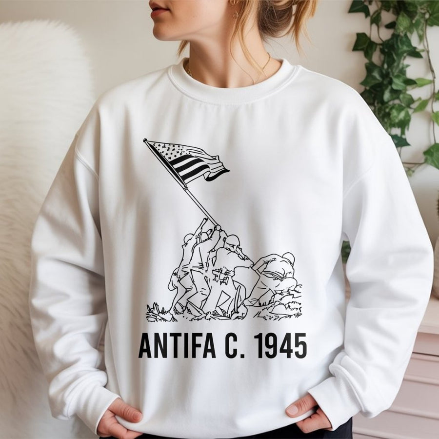 Antifa 1945 Sweatshirt | Historic Flag Raising Graphic | Premium Cotton Blend | Unisex Patriotic Gift for History Enthusiasts