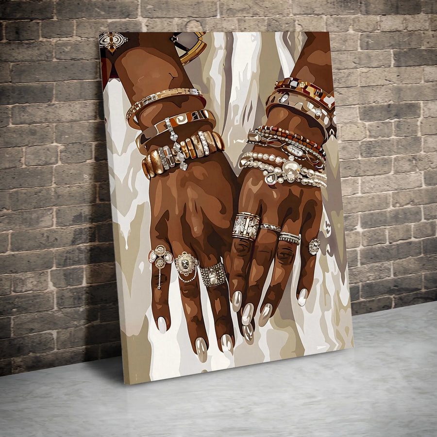 Fashion Jewelry Wall Art | African American Woman Hands Illustration | Premium Matte Canvas Print | Elegant Home Office Decor Gift