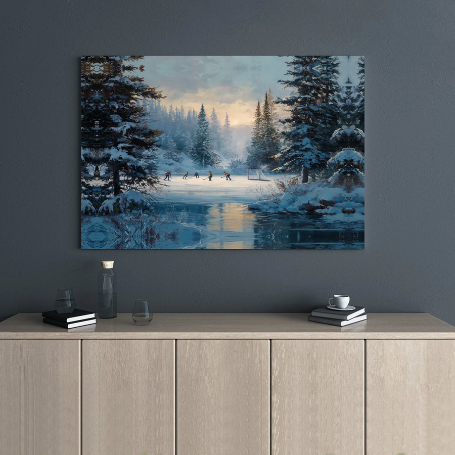 Pond Hockey Canvas Print | Frozen Lake Winter Landscape | Premium Gallery Wrap Wall Art | Sports Enthusiast Home Decor Gift