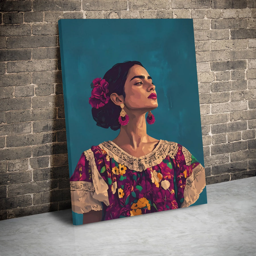 Latina Woman Canvas Wall Art | Traditional Floral Dress Portrait | Premium Gallery Wrap Print | Cultural Home Decor Gift