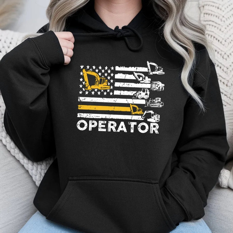 Heavy Equipment Operator Hoodie | Patriotic American Flag Excavator Design | Premium Cotton Blend | Gift for Construction Workers and Operators