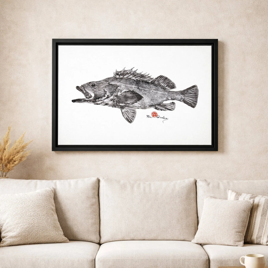 Rockfish Gyotaku Wall Art | Japanese Fish Rubbing Print | Premium Gallery Wrapped Canvas | Coastal Decor for Fisherman Office Gift