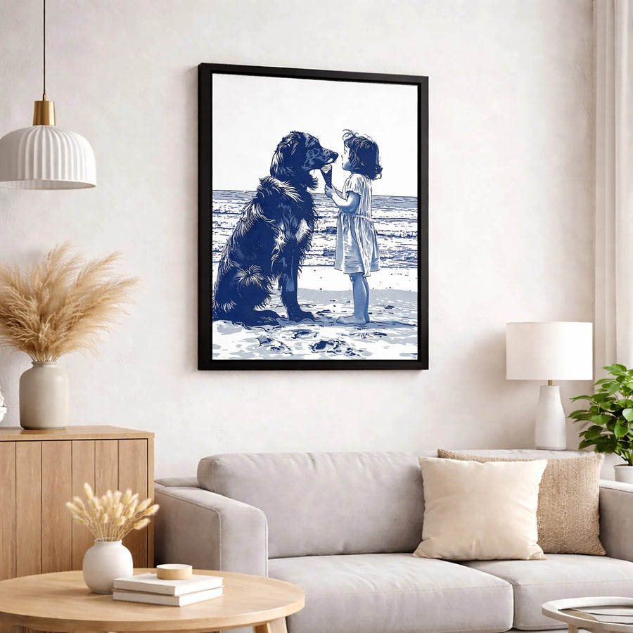 Girl And Dog Beach Canvas Art | Sweet Ice Cream Summer Illustration | Premium Gallery Wrapped Print | Heartwarming Coastal Decor Gift