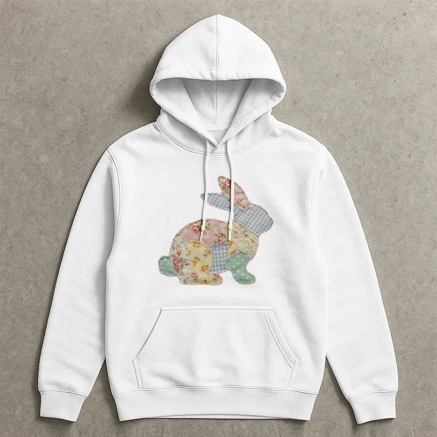 Patchwork Easter Bunny Hoodie | Floral Cottagecore Rabbit Graphic | Premium Cotton Blend Pullover | Cute Spring Gift for Women & Girls