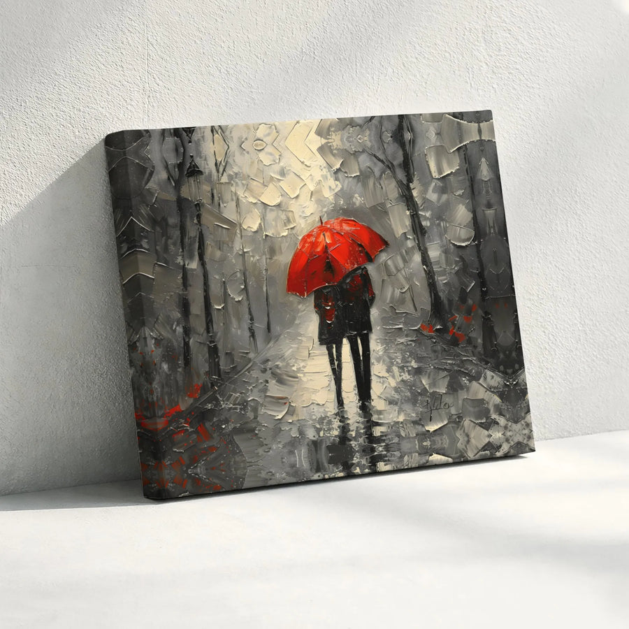 Couple In Rain Canvas Print | Romantic Red Umbrella Impasto Oil Painting | Premium Gallery Wrap Wall Art | Modern Home Decor Gift for Couples