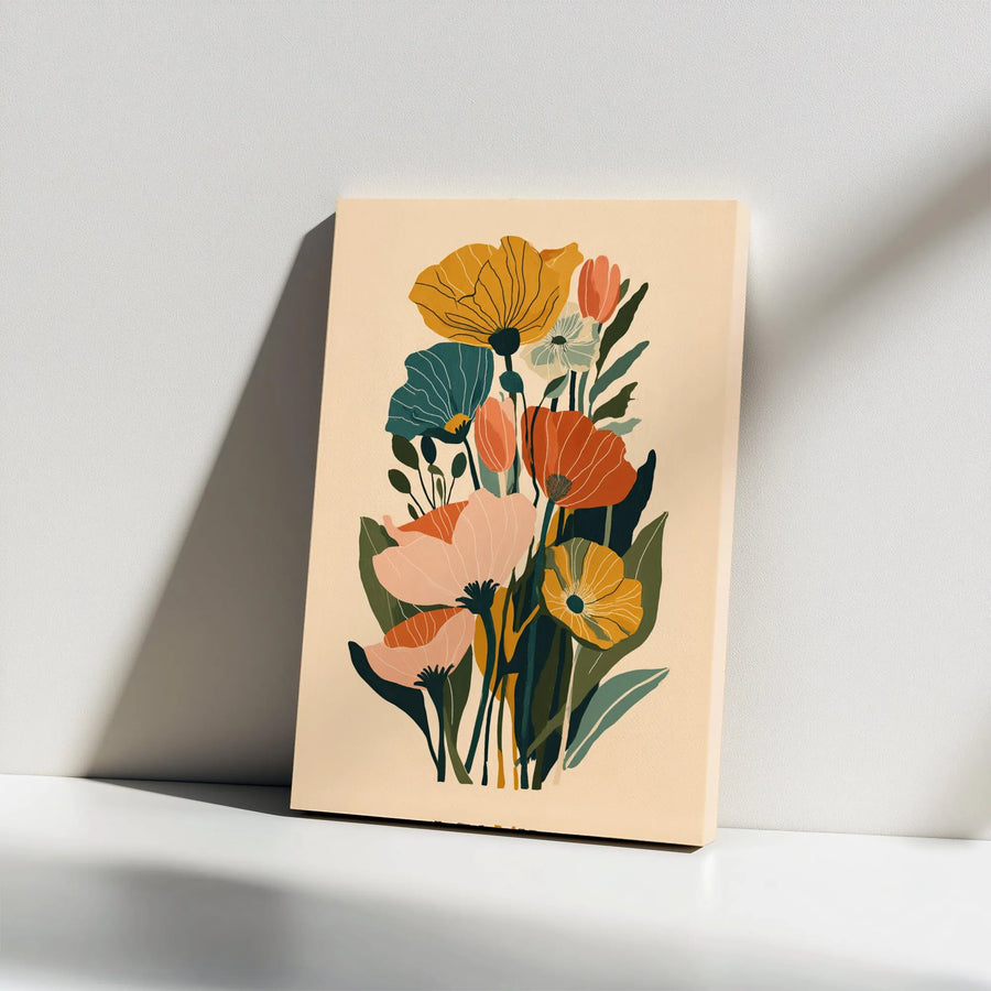 Mid-Century Modern Floral Canvas Wall Art | Abstract Poppy and Tulip Botanical Illustration | Gallery Wrapped Premium Canvas | Aesthetic Home Decor Gift