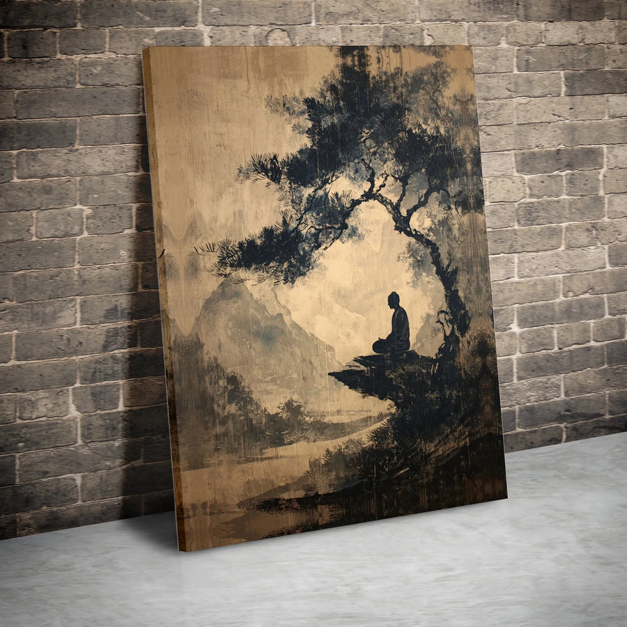 Meditating Buddha Canvas Wall Art | Japanese Ink Wash Zen Landscape | 1.25-inch Premium Gallery Profile | Mindful Home Decor Gift