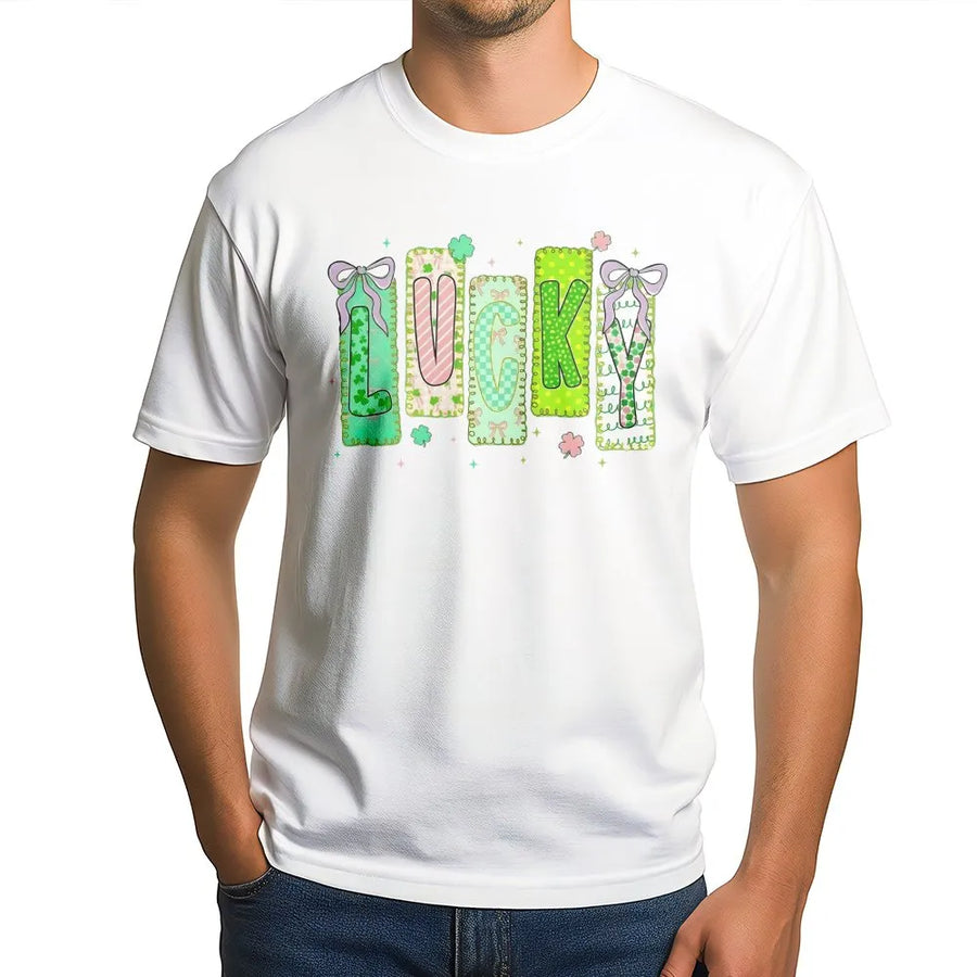 Lucky St. Patrick's Day T-Shirt | Patchwork Clover Bow Graphic | Premium Soft Cotton Tee | Cute Green Holiday Gift for Women & Girls