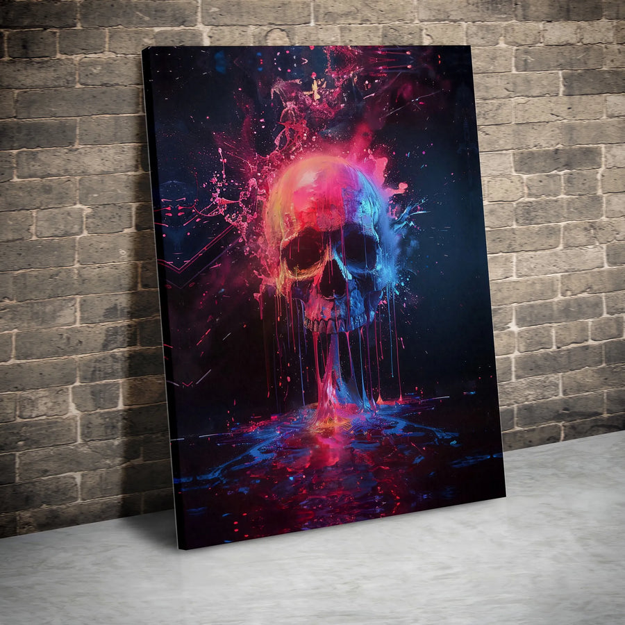 Neon Skull Canvas Art | Abstract Paint Splatter Wall Decor | Premium 1.25-Inch Gallery Wrap | Gothic Modern Home Office Gift