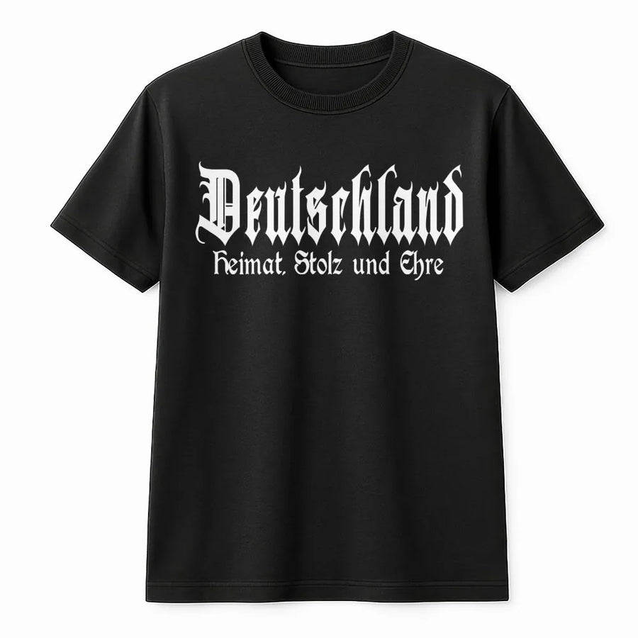 Deutschland T-Shirt | Heimat Stolz Und Ehre Gothic Script | 100% Cotton Premium Tee | Patriotic German Heritage Gift for Men and Women