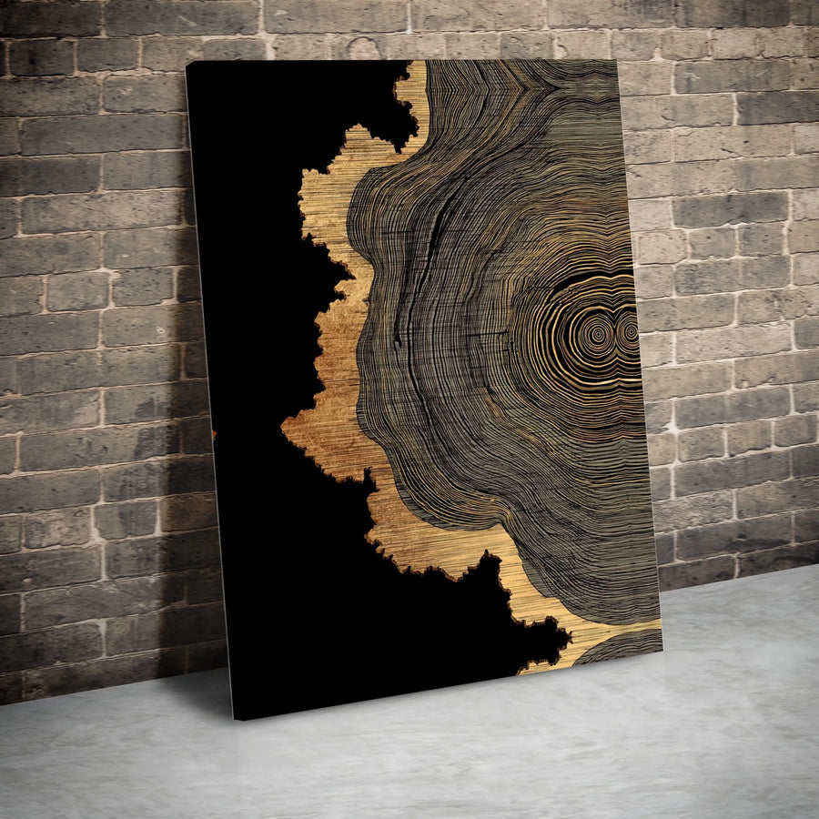 Modern Tree Ring Canvas Print | Gold and Black Abstract Wood Grain Art | Premium Gallery Wrapped Canvas | Modern Office & Living Room Decor