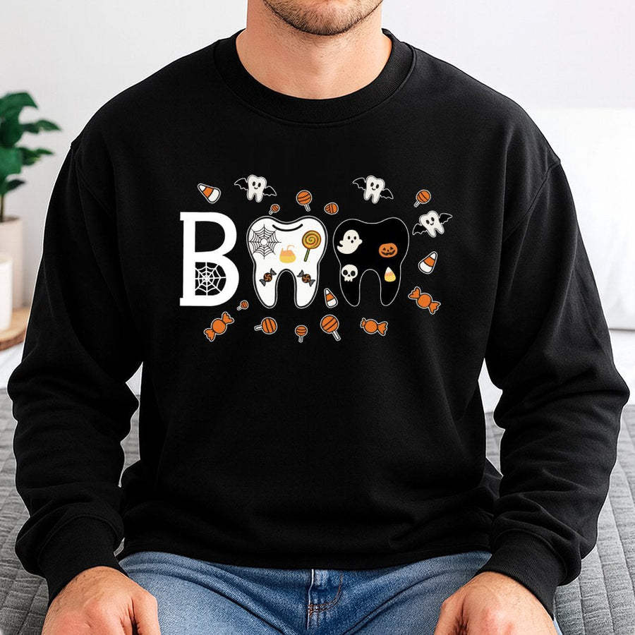 Halloween Boo Tooth Sweatshirt | Cute Dental Ghost Candy Graphic | Soft Cotton Blend Crewneck | Spooky Dentist Gift for Dental Hygienist