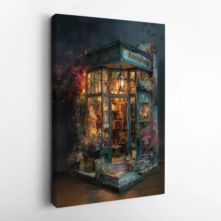Bookshop Impressionist Canvas Wall Art | Cozy Night Library Scene with Flowers | 1.25 Inch Gallery Wrap | Premium Decor for Book Lovers