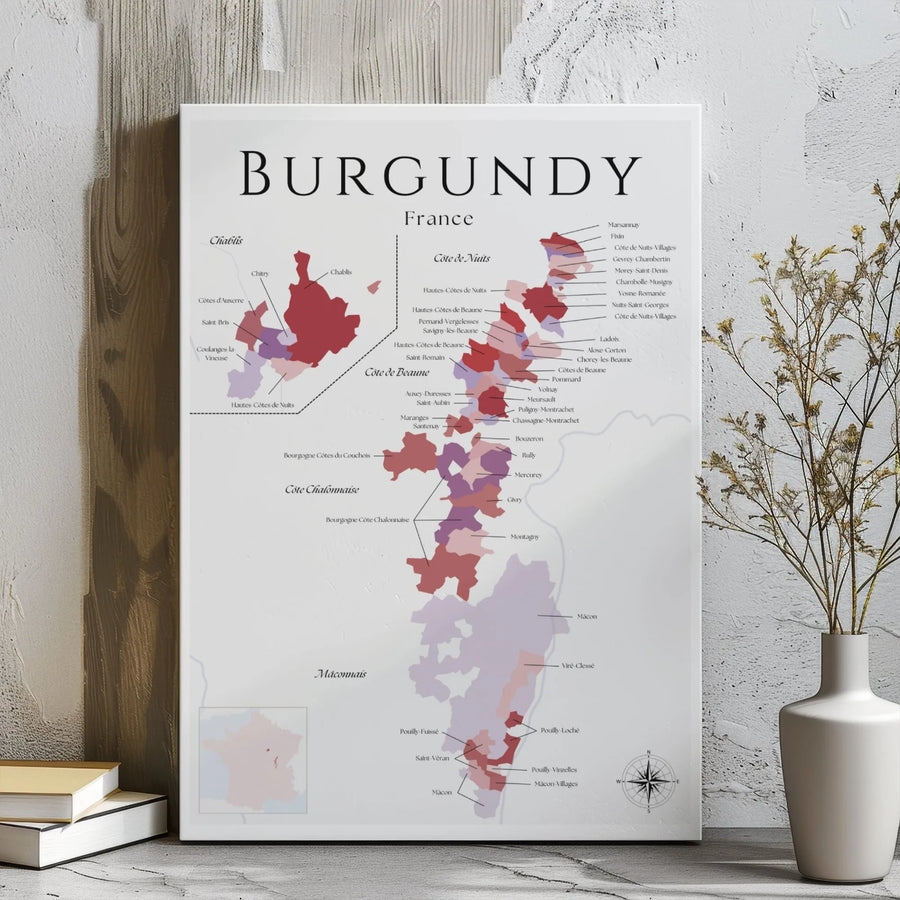 Burgundy Wine Region Map Canvas | French Viticulture Art | Premium Gallery Wrapped Decor | Gift for Wine Lovers and Sommelier