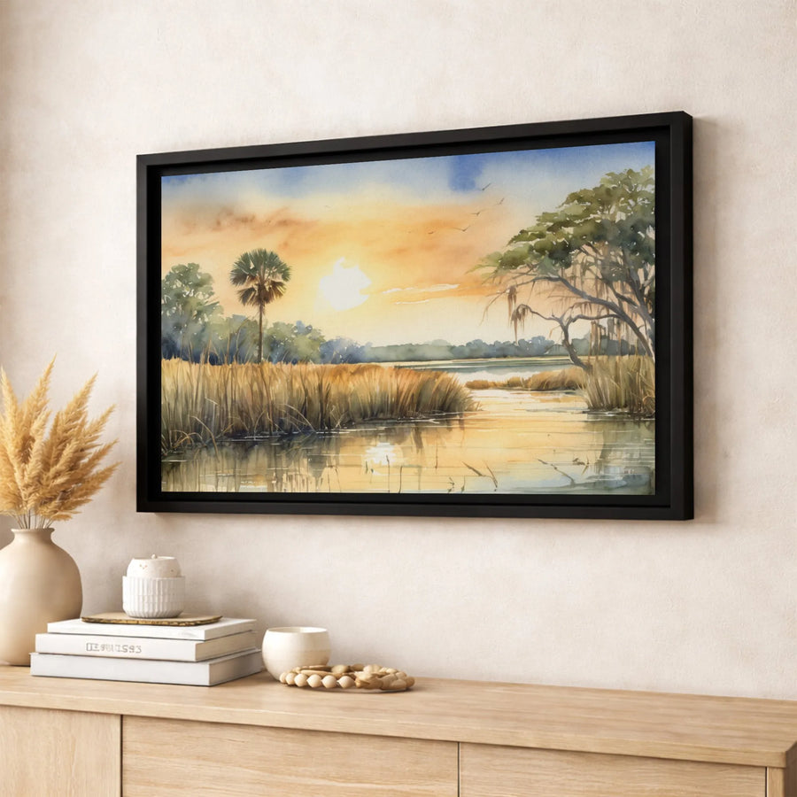 Lowcountry Marsh Sunset Canvas Art | Watercolor Coastal Landscape Print | Premium 1.25-Inch Gallery Wrap | Coastal Home Decor Gift