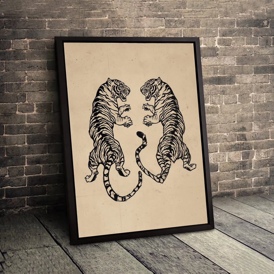 Fighting Tigers Canvas Wall Art | Japanese Ink Style Illustration | Gallery-Quality Premium Print | Bold Home Decor for Living Room or Office