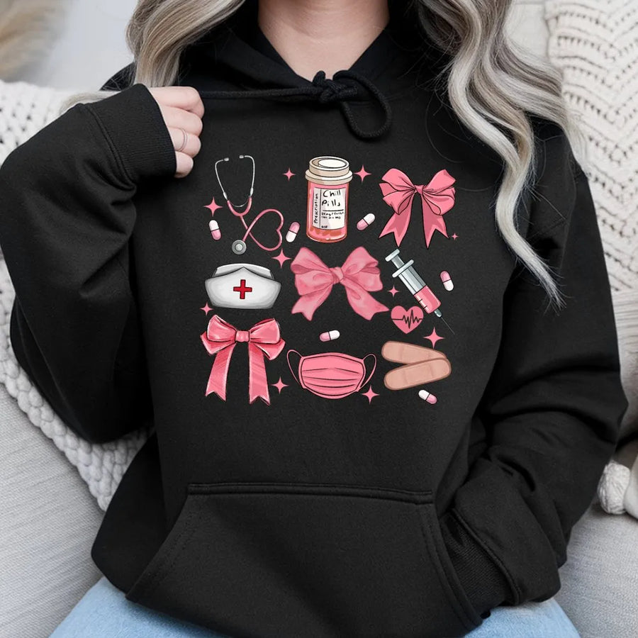 Coquette Nurse Hoodie | Aesthetic Pink Bow Medical Graphic | Premium Cotton Blend | Nursing Student Gift & Graduation Apparel