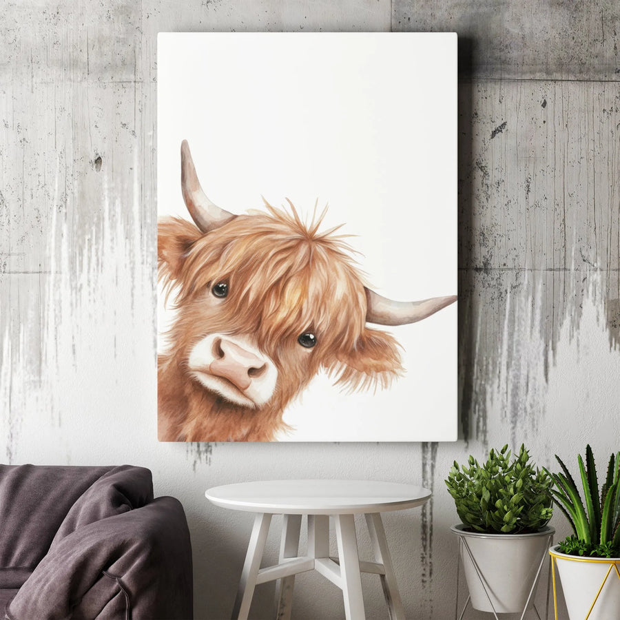 Highland Cow Canvas Wall Art | Watercolor Peeking Cattle Portrait | Premium Gallery Wrap Print | Farmhouse Nursery Decor & Country Gift
