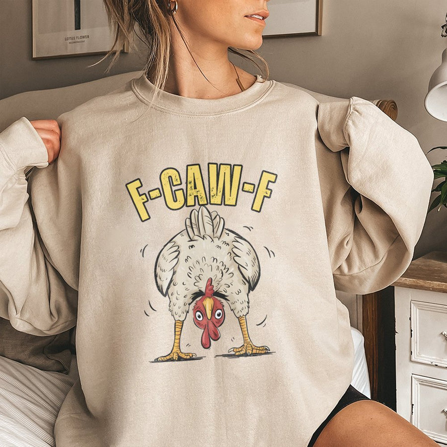 Funny Chicken Sweatshirt | F-Caw-F Farm Animal Graphic | Premium Cotton Blend Crewneck | Humorous Country Life Gift For Chicken Lovers