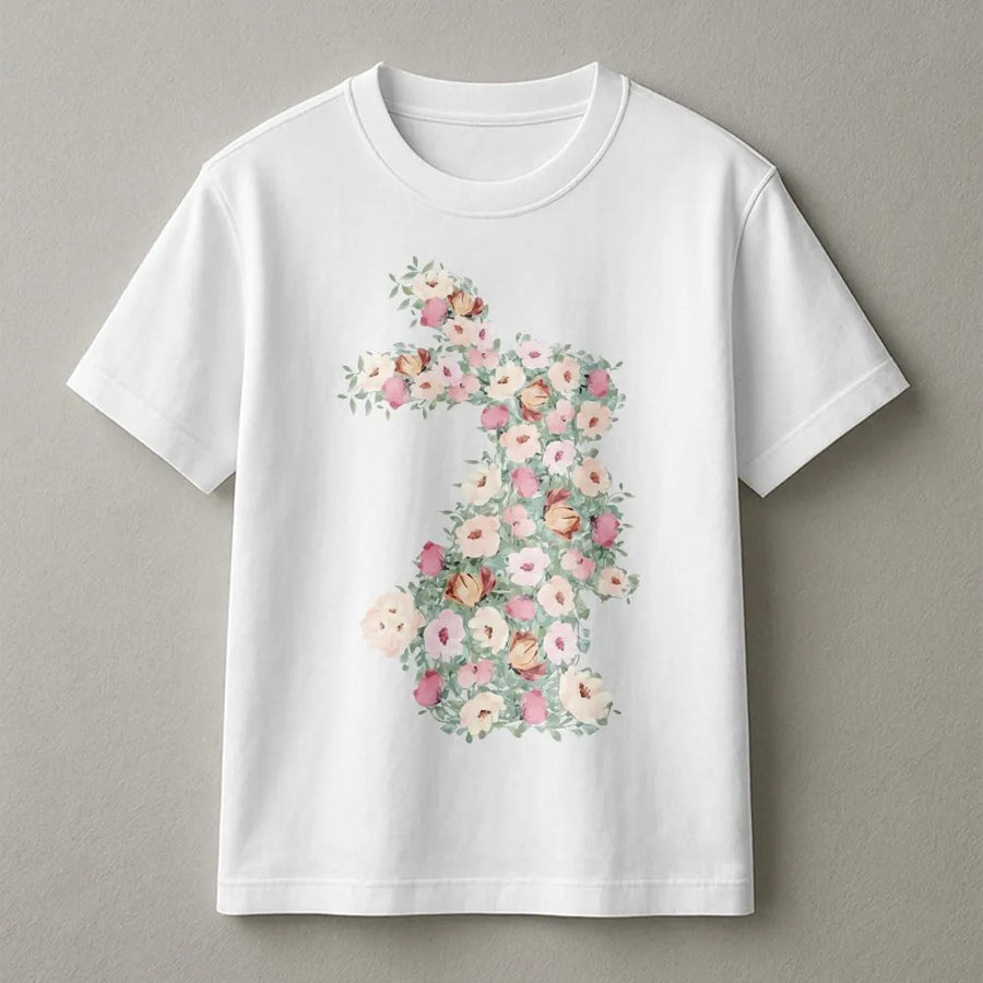 Floral Bunny T-Shirt | Watercolor Flower Rabbit Graphic | Soft Cotton Premium Tee | Easter Spring Gift for Women