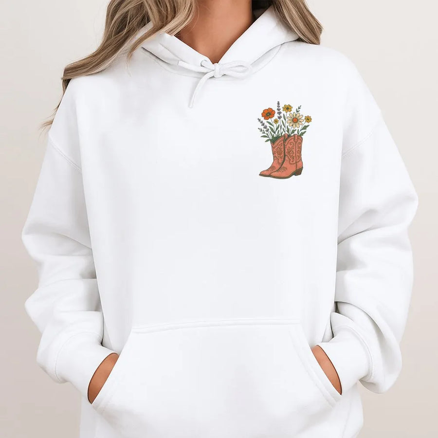 Cowgirl Boots Wildflowers Hoodie | Retro Western Floral Boot Graphic | Cozy Cotton Blend | Country Girl Rodeo Apparel Gift for Her