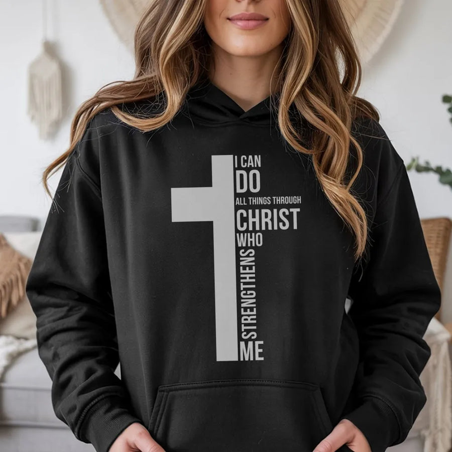 I Can Do All Things Through Christ Hoodie | Inspirational Bible Verse Cross Graphic | Premium Cotton Blend | Religious Gift for Men and Women