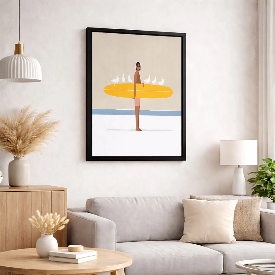 Surfer Beach Wall Art | Minimalist Surfboard & Seagulls Design | Premium 1.25" Gallery Canvas | Coastal Decor Gift for Ocean Lovers