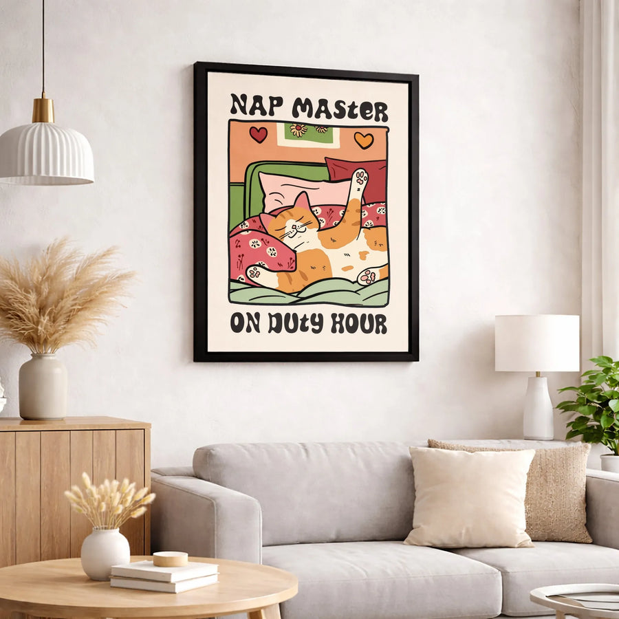 Sleeping Orange Cat Canvas Wall Art | Nap Master Retro Cartoon Decor | Premium Gallery Wrap Print | Funny Bedroom Gift For Cat Lovers