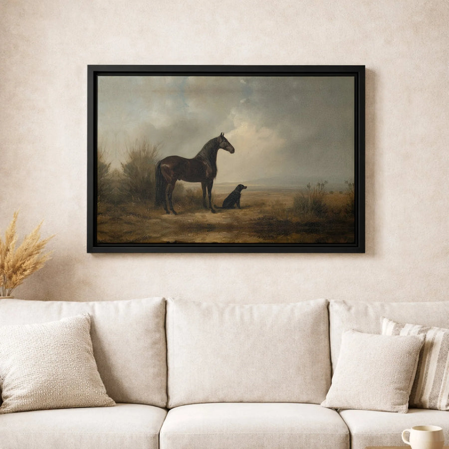 Vintage Horse And Dog Oil Painting Print | Rustic Equestrian Wall Art | Premium 1.25-Inch Gallery Canvas | Farmhouse Home Decor Gift