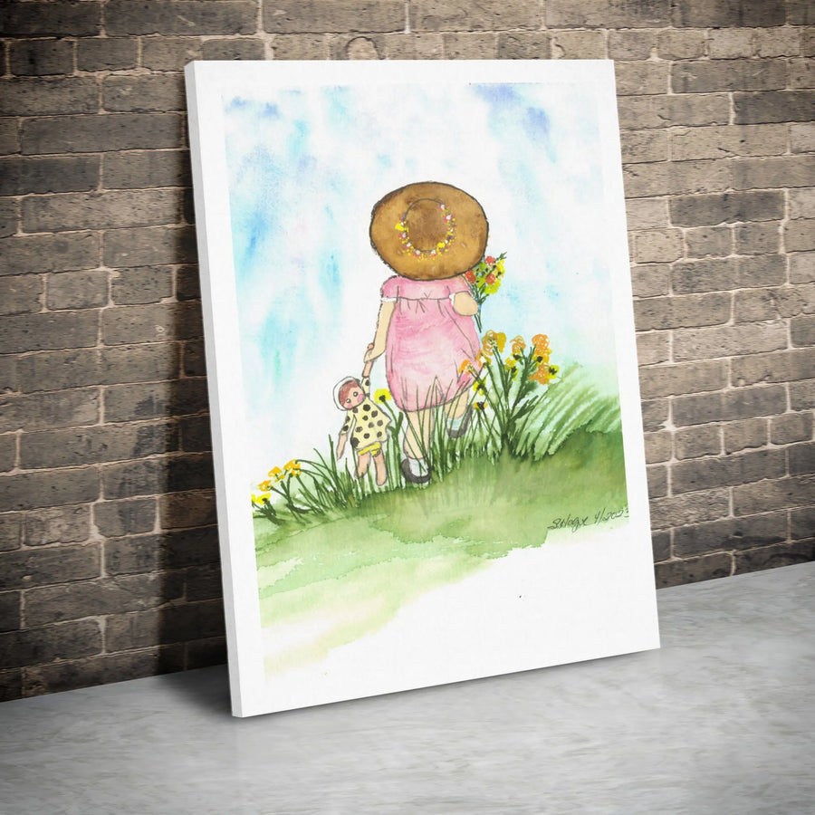 Little Girl with Doll Canvas Wall Art | Watercolor Painting of Girl in Summer Field | Premium Gallery Wrapped Canvas | Nursery Decor Gift for Daughter
