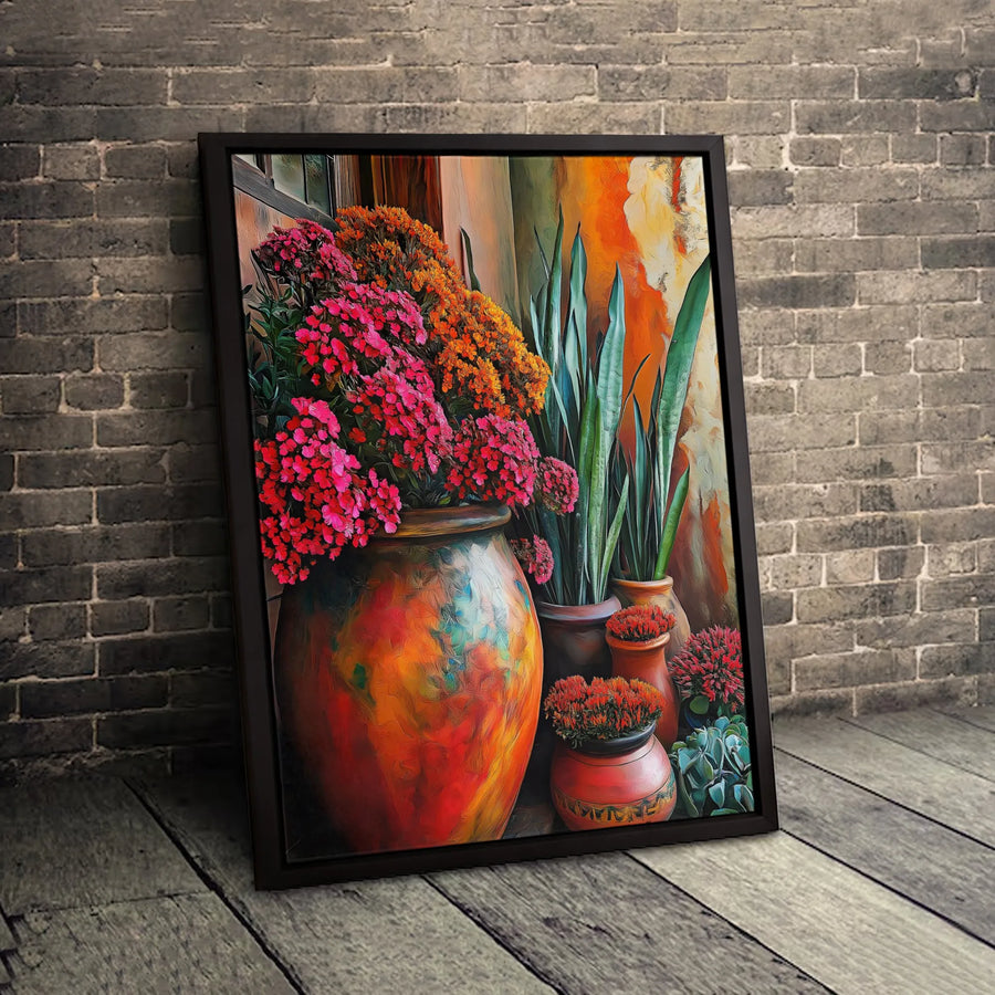 Vibrant Floral Still Life Canvas Art | Potted Flowers & Succulents Painting | Premium Gallery Wrapped Decor | Botanical Wall Art for Home Living Room