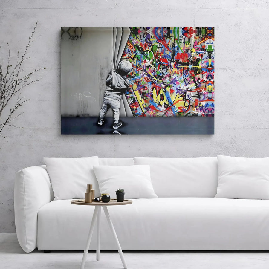 Graffiti Street Art Canvas Print | Boy Peeking Behind Curtain Abstract | Premium Gallery Wrap Wall Decor | Modern Urban Home Office Gift