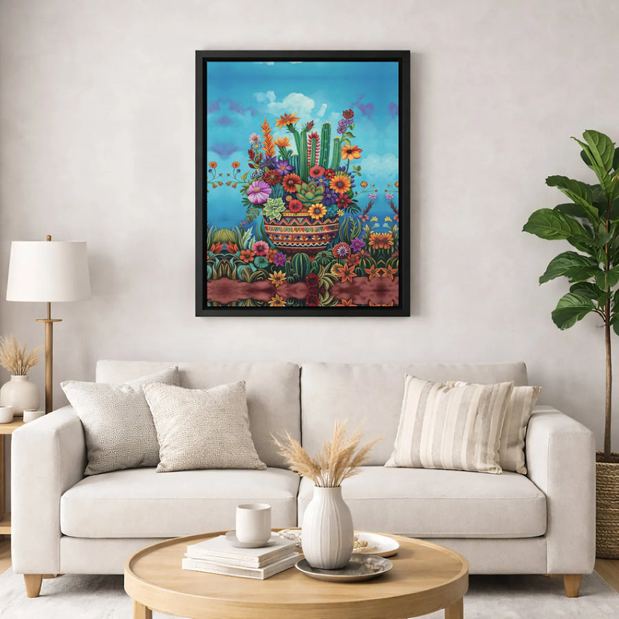 Mexican Folk Art Canvas | Vibrant Desert Cactus & Wildflower Print | Premium Gallery-Wrapped Wall Decor | Southwest Botanical Home Gift