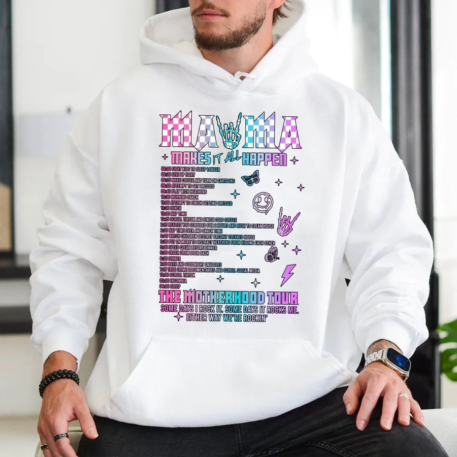 Mama The Motherhood Tour Hoodie | Funny Rocker Mom Graphic Sweatshirt | Premium Cotton Blend | Relatable Gift For New Moms & Tired Parents