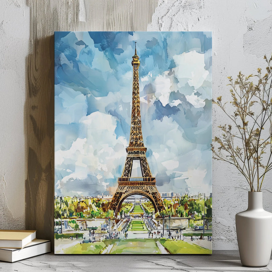 Eiffel Tower Canvas Wall Art | Impressionist Paris Watercolor Print | Gallery Wrapped Premium Decor | Gift for Travel Lovers