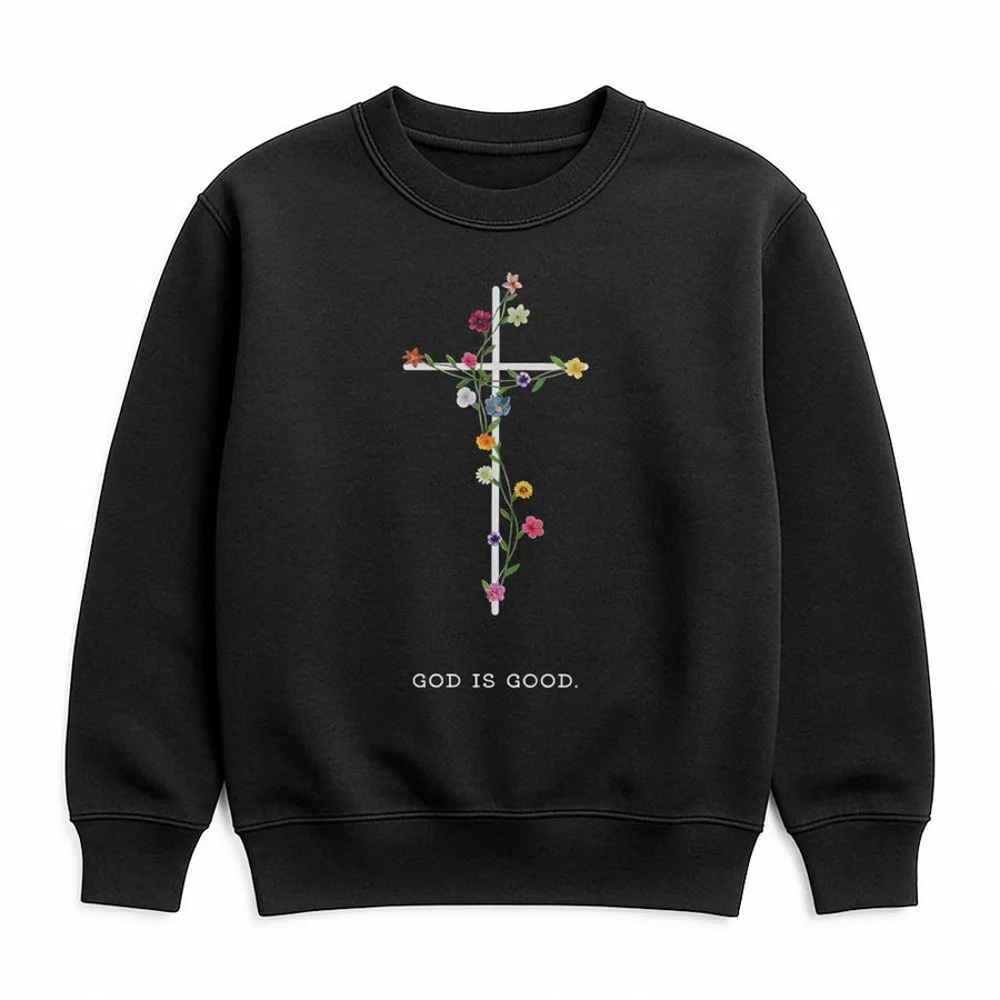 God Is Good Floral Cross Sweatshirt | Minimalist Faith Graphic Crewneck | Premium Cotton Blend | Christian Gift for Women and Men