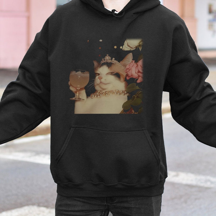 Funny Fancy Cat Hoodie | Elegant Queen Kitty Drinking Cocktail Graphic | Premium Cotton Blend | Quirky Animal Lover Gift For Her