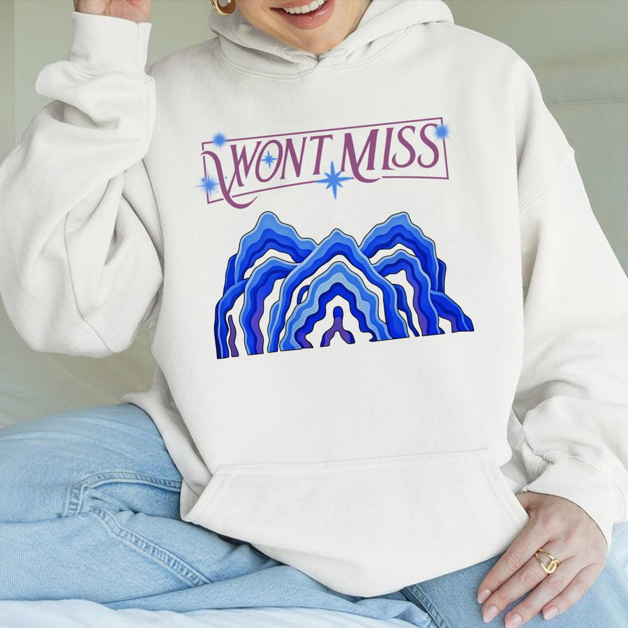 Won't Miss Graphic Hoodie | Abstract Blue Mountain Aesthetic Design | Soft Cotton-Polyester Blend | Trendy Streetwear Gift for Music Fans